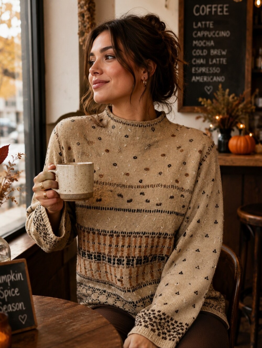 Susan Bristol Beige and Brown Patterned Turtleneck Sweater